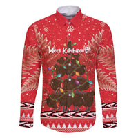 Kiwi New Zealand Christmas Family Matching Off Shoulder Maxi Dress and Hawaiian Shirt Meri Kirihimete Silver Fern - Red Color LT14 Dad's Shirt - Long Sleeve Red - Polynesian Pride