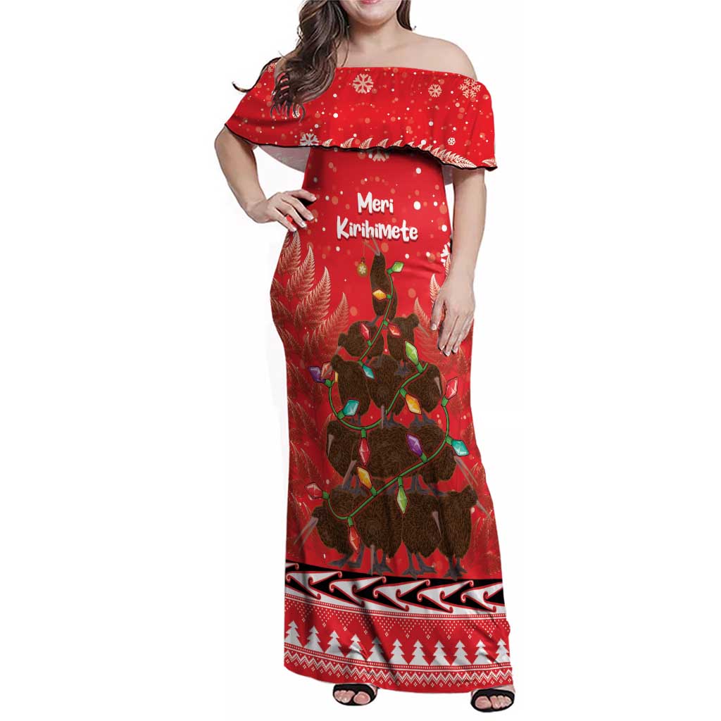 Kiwi New Zealand Christmas Family Matching Off Shoulder Maxi Dress and Hawaiian Shirt Meri Kirihimete Silver Fern - Red Color LT14 Mom's Dress Red - Polynesian Pride