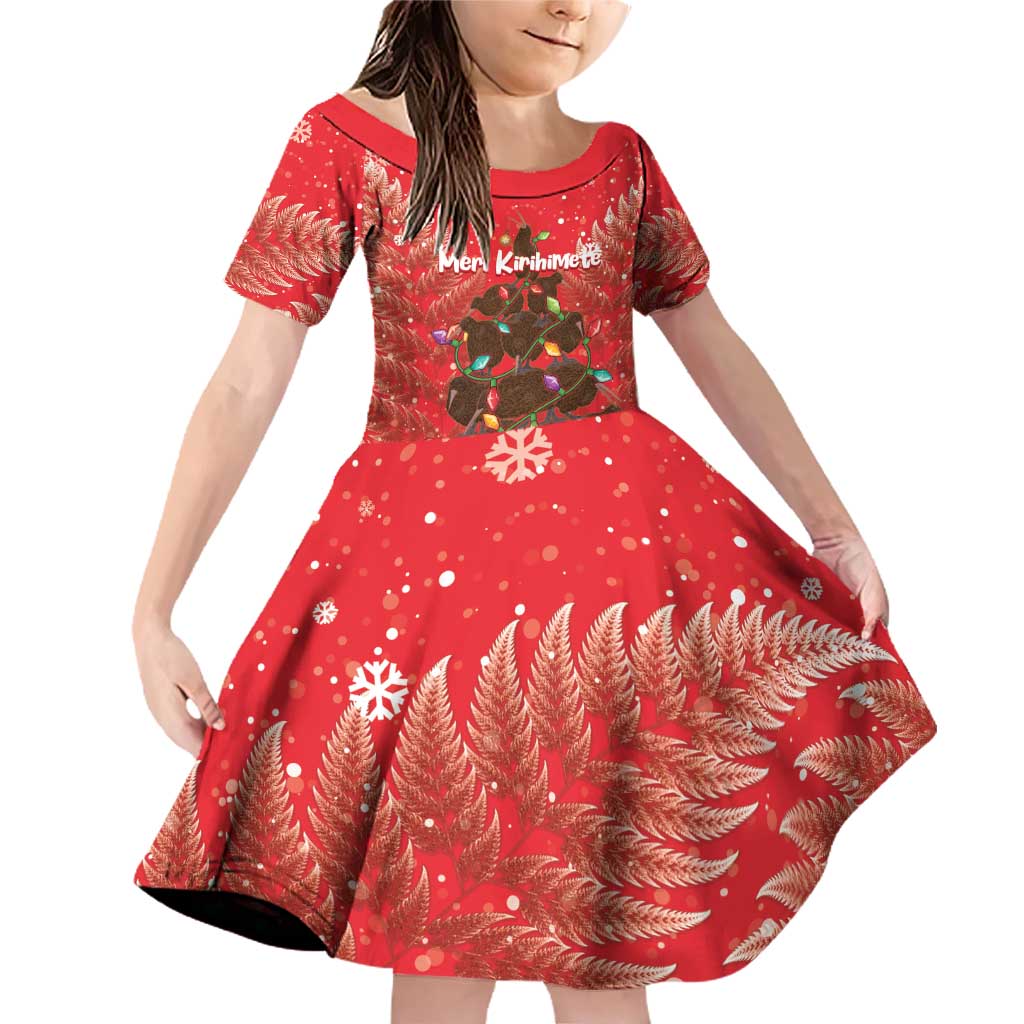 Kiwi New Zealand Christmas Family Matching Off Shoulder Short Dress and Hawaiian Shirt Meri Kirihimete Silver Fern - Red Color LT14 Daughter's Dress Red - Polynesian Pride