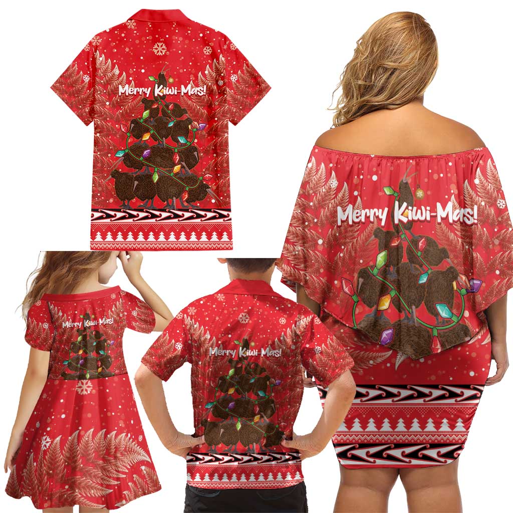 Kiwi New Zealand Christmas Family Matching Off Shoulder Short Dress and Hawaiian Shirt Meri Kirihimete Silver Fern - Red Color LT14 - Polynesian Pride