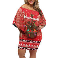 Kiwi New Zealand Christmas Family Matching Off Shoulder Short Dress and Hawaiian Shirt Meri Kirihimete Silver Fern - Red Color LT14 Mom's Dress Red - Polynesian Pride