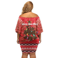 Kiwi New Zealand Christmas Family Matching Off Shoulder Short Dress and Hawaiian Shirt Meri Kirihimete Silver Fern - Red Color LT14 - Polynesian Pride