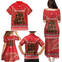 Kiwi New Zealand Christmas Family Matching Puletasi and Hawaiian Shirt Meri Kirihimete Silver Fern - Red Color LT14 - Polynesian Pride