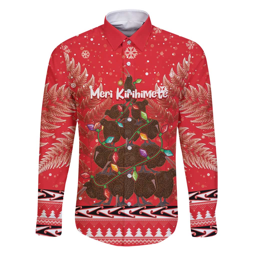 Kiwi New Zealand Christmas Family Matching Puletasi and Hawaiian Shirt Meri Kirihimete Silver Fern - Red Color LT14 Dad's Shirt - Long Sleeve Red - Polynesian Pride