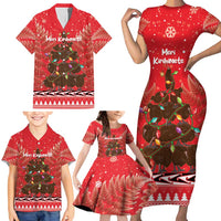 Kiwi New Zealand Christmas Family Matching Short Sleeve Bodycon Dress and Hawaiian Shirt Meri Kirihimete Silver Fern - Red Color LT14 - Polynesian Pride