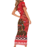 Kiwi New Zealand Christmas Family Matching Short Sleeve Bodycon Dress and Hawaiian Shirt Meri Kirihimete Silver Fern - Red Color LT14 - Polynesian Pride