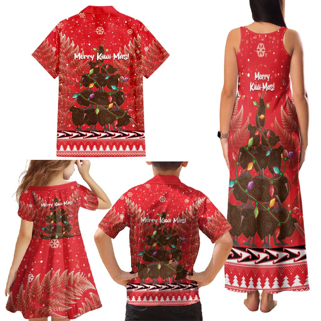 Kiwi New Zealand Christmas Family Matching Tank Maxi Dress and Hawaiian Shirt Meri Kirihimete Silver Fern - Red Color LT14 - Polynesian Pride