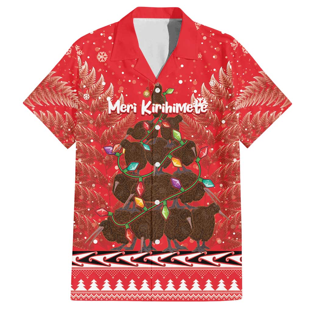 Kiwi New Zealand Christmas Family Matching Tank Maxi Dress and Hawaiian Shirt Meri Kirihimete Silver Fern - Red Color LT14 Dad's Shirt - Short Sleeve Red - Polynesian Pride
