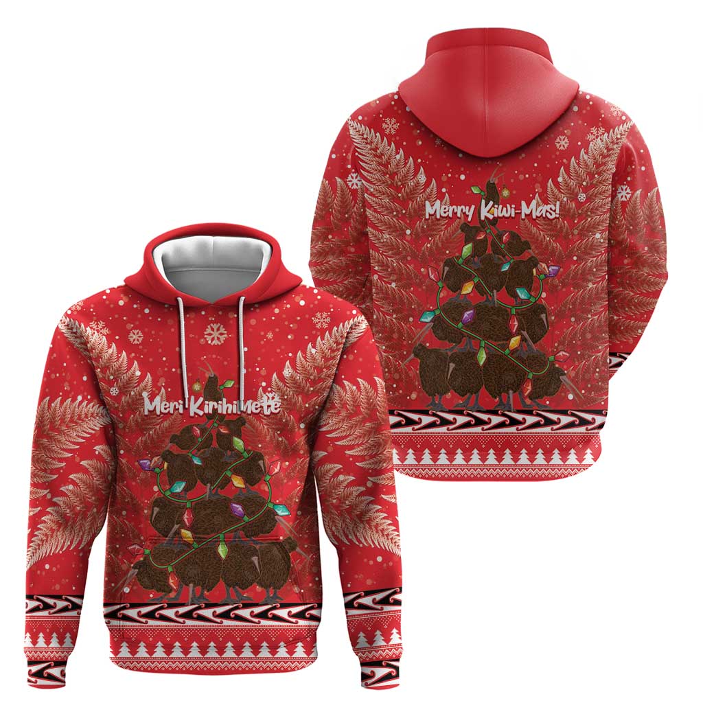 Kiwi New Zealand Christmas Hoodie Meri Kirihimete Silver Fern - Red Color LT14 - Polynesian Pride