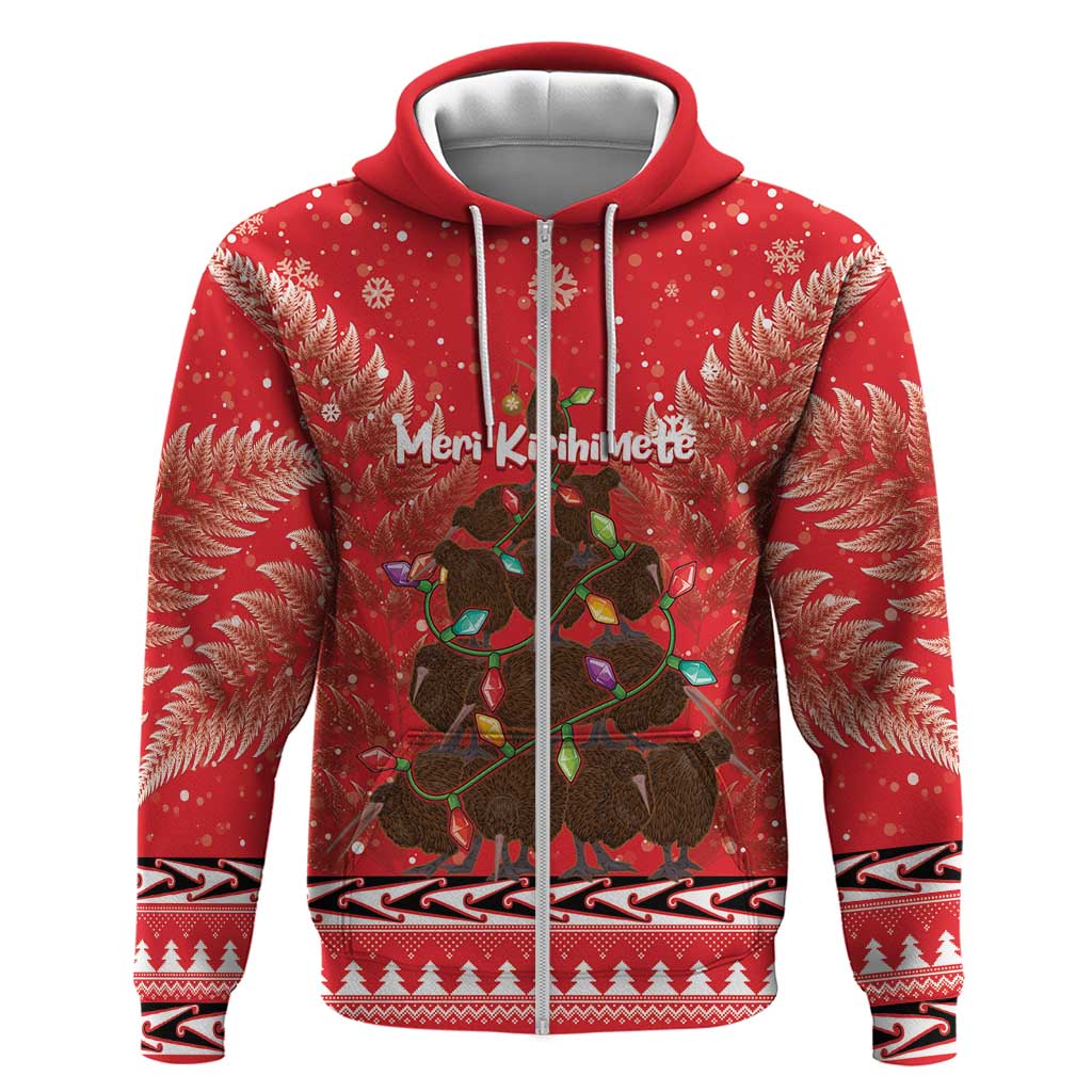 Kiwi New Zealand Christmas Hoodie Meri Kirihimete Silver Fern - Red Color LT14 Zip Hoodie Red - Polynesian Pride