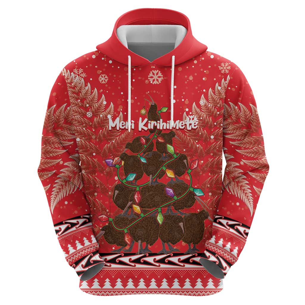 Kiwi New Zealand Christmas Hoodie Meri Kirihimete Silver Fern - Red Color LT14 - Polynesian Pride