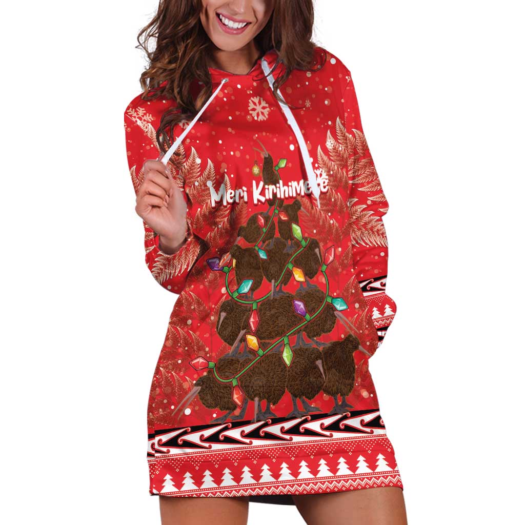 Kiwi New Zealand Christmas Hoodie Dress Meri Kirihimete Silver Fern - Red Color LT14 Red - Polynesian Pride