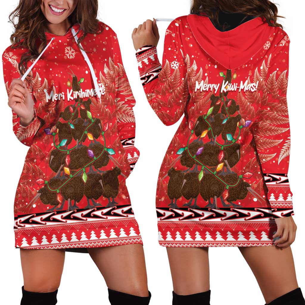 Kiwi New Zealand Christmas Hoodie Dress Meri Kirihimete Silver Fern - Red Color LT14 - Polynesian Pride