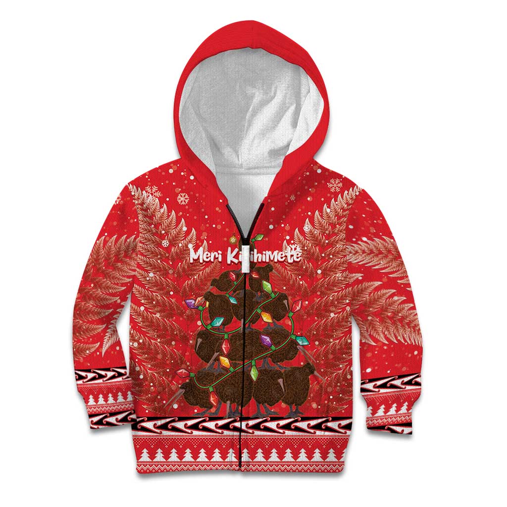 Kiwi New Zealand Christmas Kid Hoodie Meri Kirihimete Silver Fern - Red Color LT14 Zip Hoodie Red - Polynesian Pride