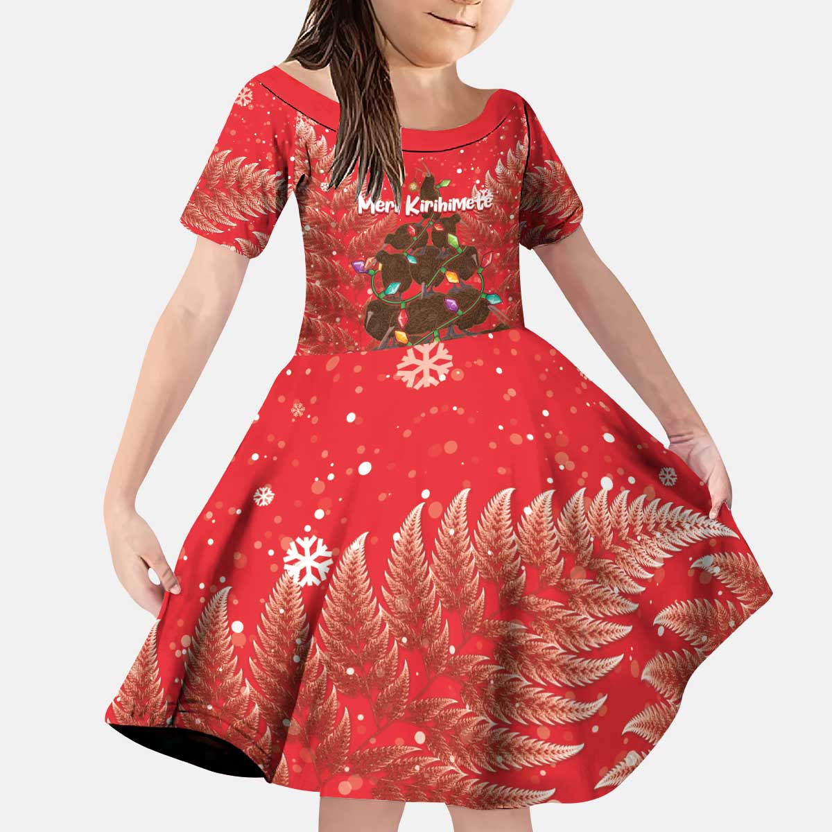 Kiwi New Zealand Christmas Kid Short Sleeve Dress Meri Kirihimete Silver Fern - Red Color LT14 KID Red - Polynesian Pride