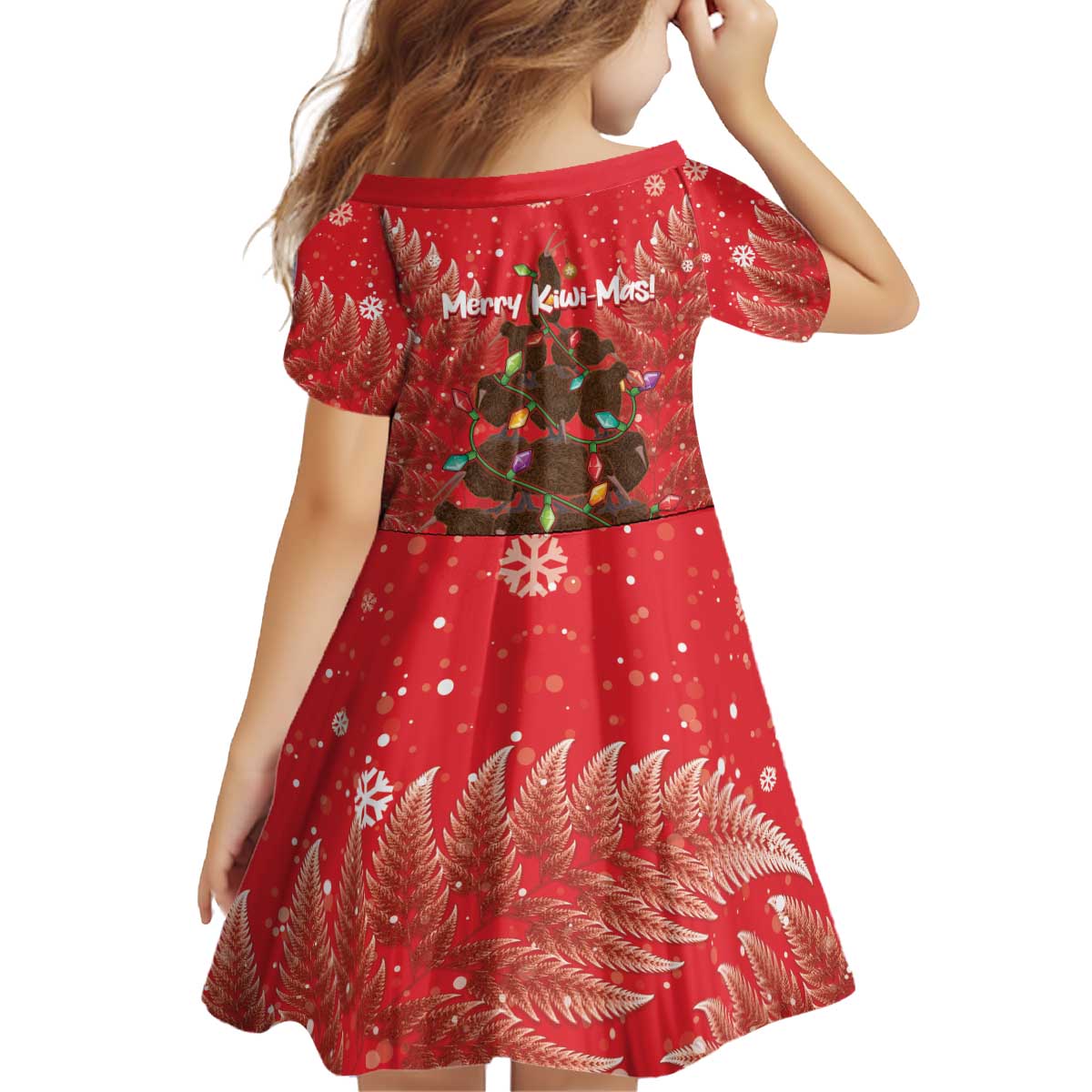 Kiwi New Zealand Christmas Kid Short Sleeve Dress Meri Kirihimete Silver Fern - Red Color LT14 - Polynesian Pride