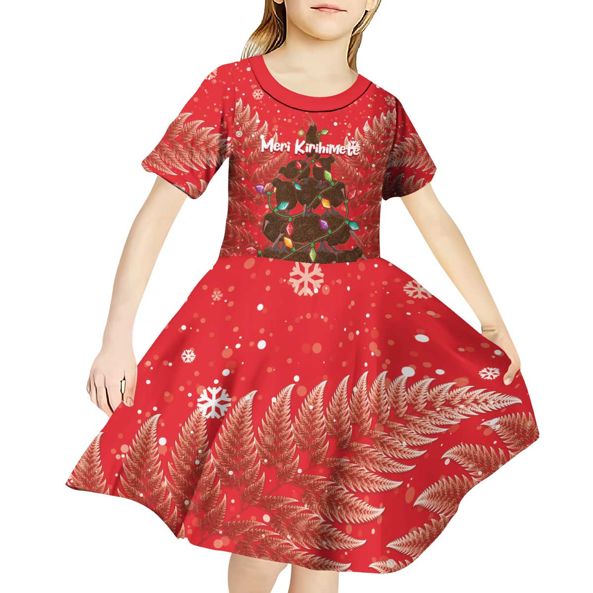 Kiwi New Zealand Christmas Kid Short Sleeve Dress Meri Kirihimete Silver Fern - Red Color LT14 - Polynesian Pride