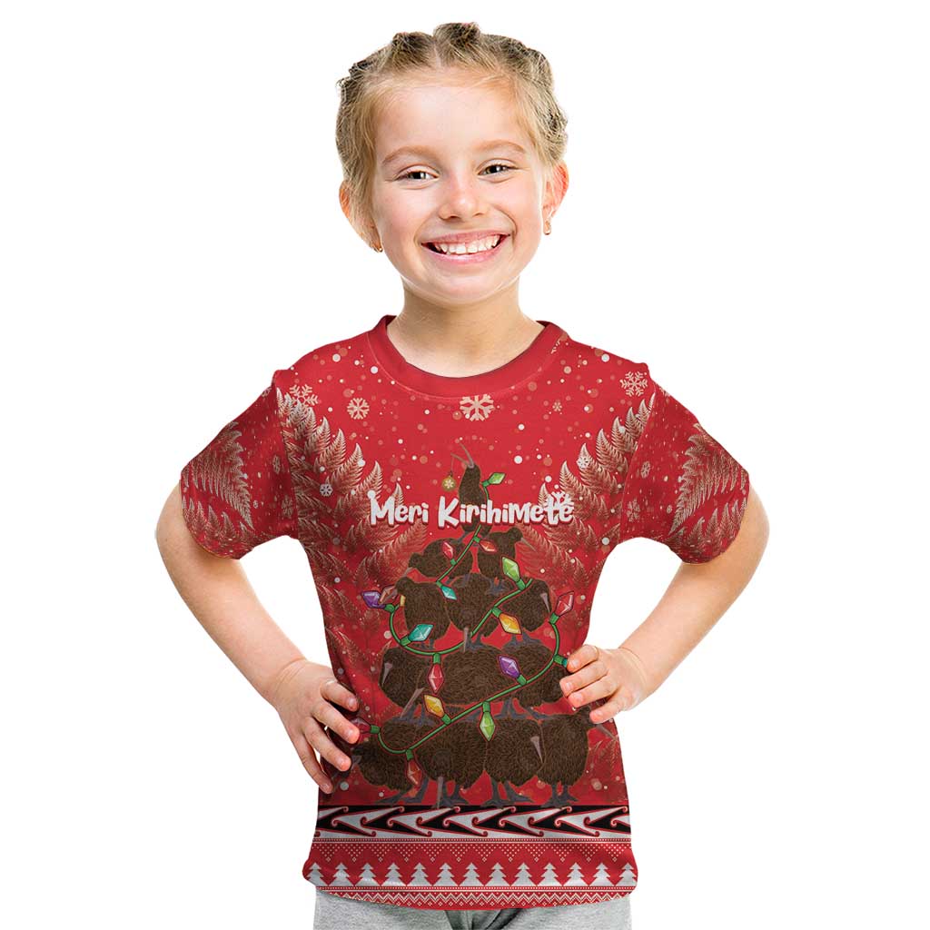 Kiwi New Zealand Christmas Kid T Shirt Meri Kirihimete Silver Fern - Red Color LT14 Red - Polynesian Pride