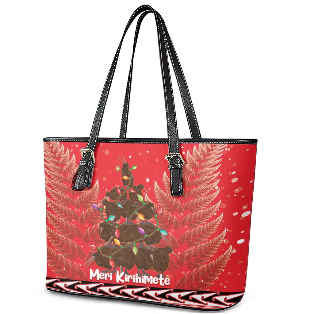 Kiwi New Zealand Christmas Leather Tote Bag Meri Kirihimete Silver Fern - Red Color LT14 - Polynesian Pride