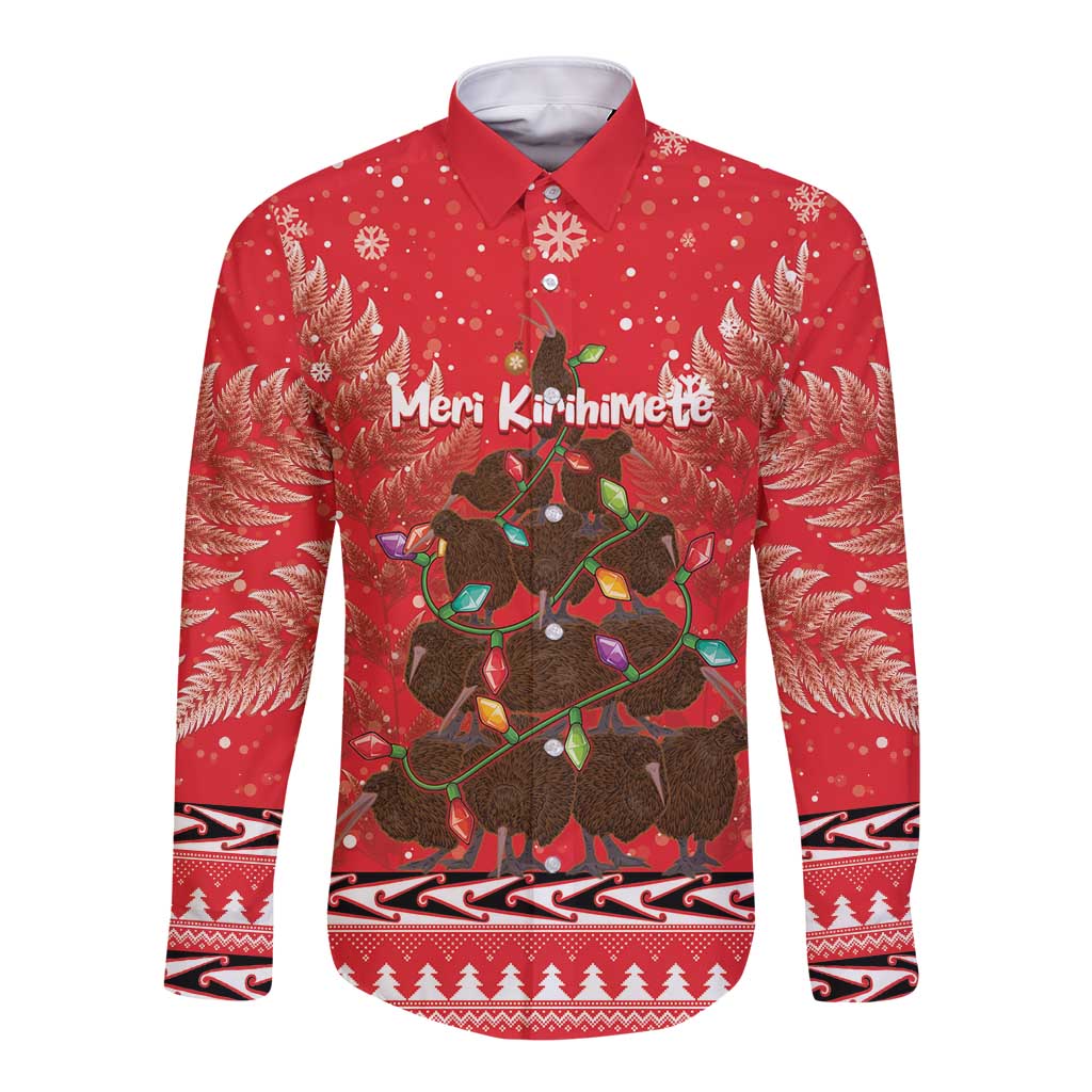 Kiwi New Zealand Christmas Long Sleeve Button Shirt Meri Kirihimete Silver Fern - Red Color LT14 Unisex Red - Polynesian Pride