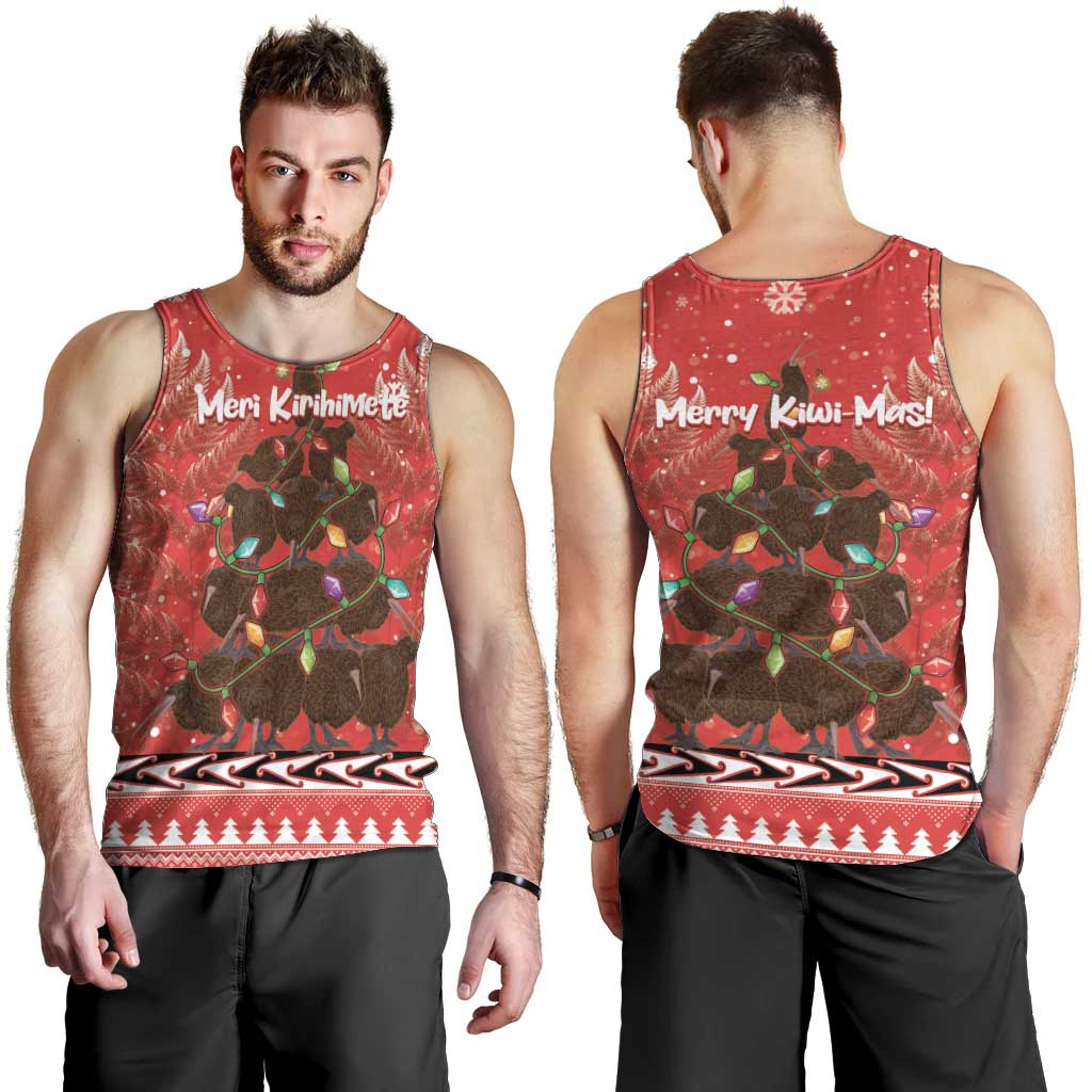 Kiwi New Zealand Christmas Men Tank Top Meri Kirihimete Silver Fern - Red Color LT14 - Polynesian Pride