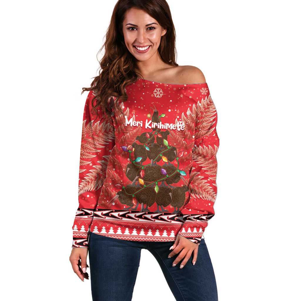 Kiwi New Zealand Christmas Off Shoulder Sweater Meri Kirihimete Silver Fern - Red Color LT14 Women Red - Polynesian Pride