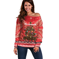 Kiwi New Zealand Christmas Off Shoulder Sweater Meri Kirihimete Silver Fern - Red Color LT14 Women Red - Polynesian Pride