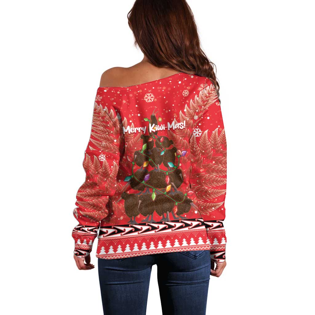 Kiwi New Zealand Christmas Off Shoulder Sweater Meri Kirihimete Silver Fern - Red Color LT14 - Polynesian Pride