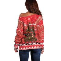 Kiwi New Zealand Christmas Off Shoulder Sweater Meri Kirihimete Silver Fern - Red Color LT14 - Polynesian Pride