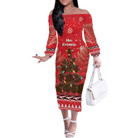 Kiwi New Zealand Christmas Off The Shoulder Long Sleeve Dress Meri Kirihimete Silver Fern - Red Color LT14 Women Red - Polynesian Pride