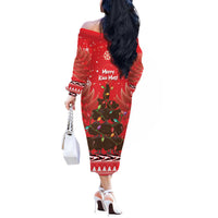 Kiwi New Zealand Christmas Off The Shoulder Long Sleeve Dress Meri Kirihimete Silver Fern - Red Color LT14 - Polynesian Pride