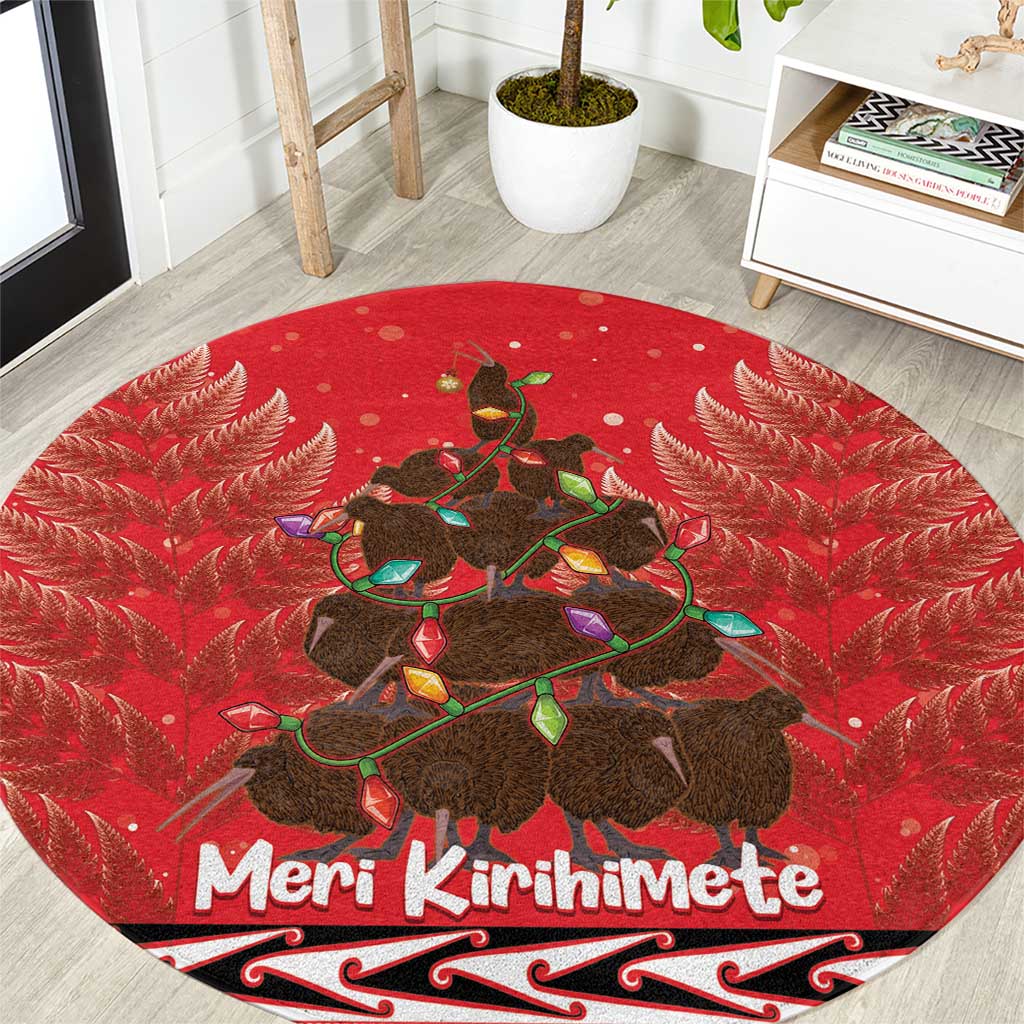 Kiwi New Zealand Christmas Round Carpet Meri Kirihimete Silver Fern - Red Color LT14 Red - Polynesian Pride