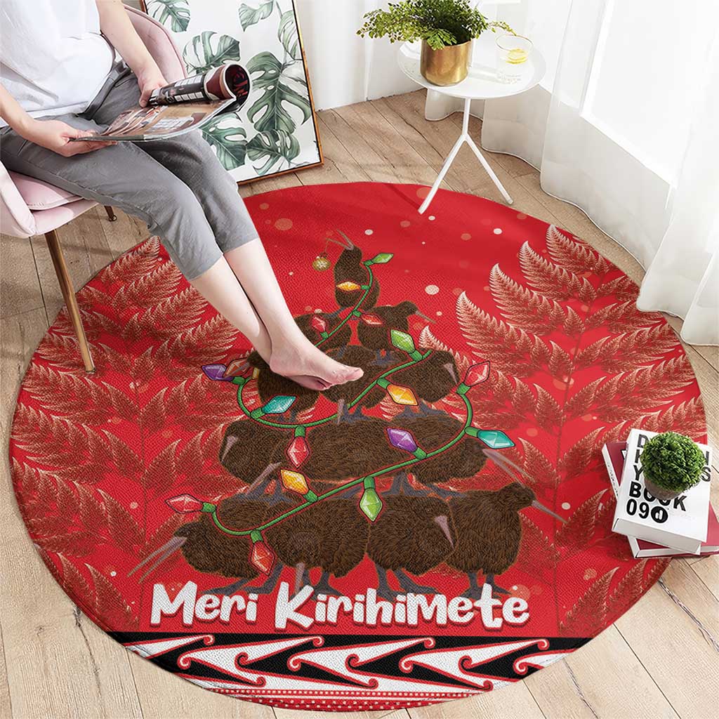 Kiwi New Zealand Christmas Round Carpet Meri Kirihimete Silver Fern - Red Color LT14 - Polynesian Pride