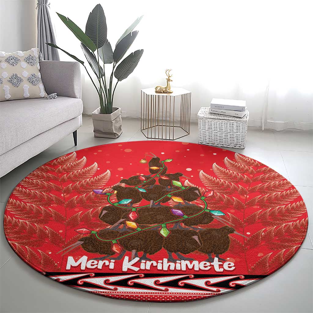 Kiwi New Zealand Christmas Round Carpet Meri Kirihimete Silver Fern - Red Color LT14 - Polynesian Pride