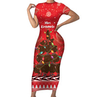 Kiwi New Zealand Christmas Short Sleeve Bodycon Dress Meri Kirihimete Silver Fern - Red Color LT14 Long Dress Red - Polynesian Pride