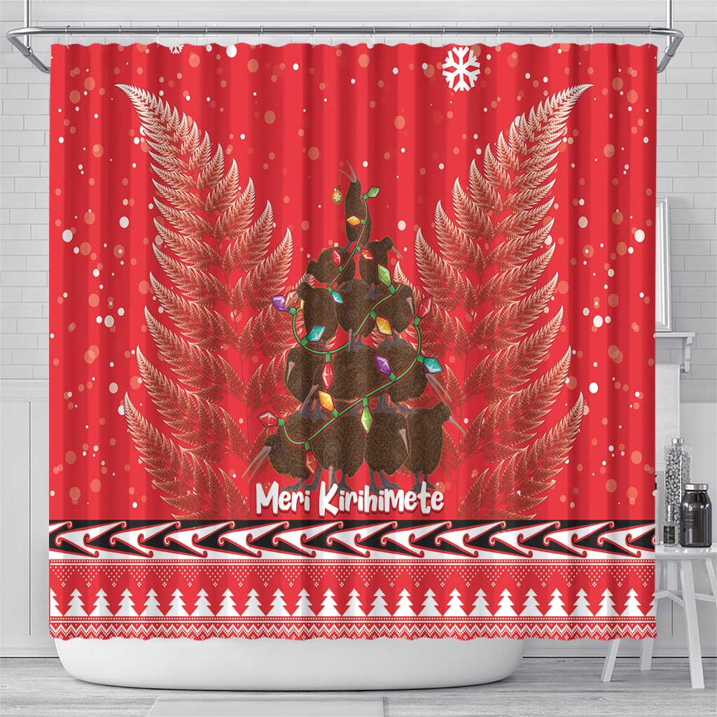 Kiwi New Zealand Christmas Shower Curtain Meri Kirihimete Silver Fern - Red Color LT14 - Polynesian Pride