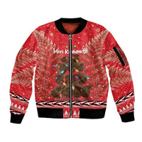 Kiwi New Zealand Christmas Sleeve Zip Bomber Jacket Meri Kirihimete Silver Fern - Red Color LT14 Unisex Red - Polynesian Pride