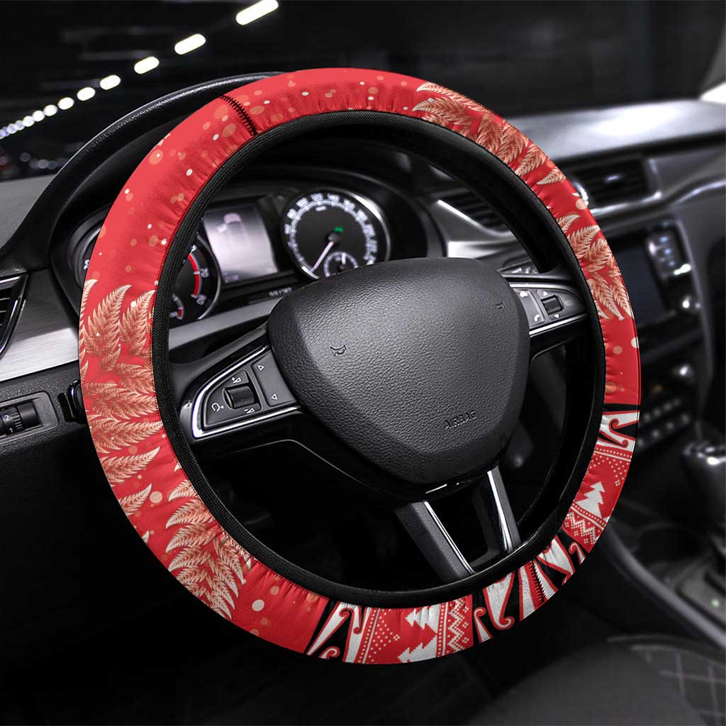Kiwi New Zealand Christmas Steering Wheel Cover Meri Kirihimete Silver Fern - Red Color LT14 Universal Fit Red - Polynesian Pride