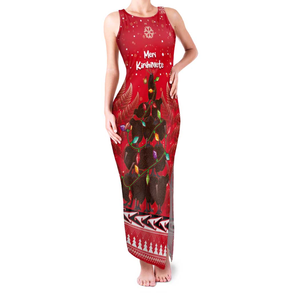 Kiwi New Zealand Christmas Tank Maxi Dress Meri Kirihimete Silver Fern - Red Color LT14 Women Red - Polynesian Pride