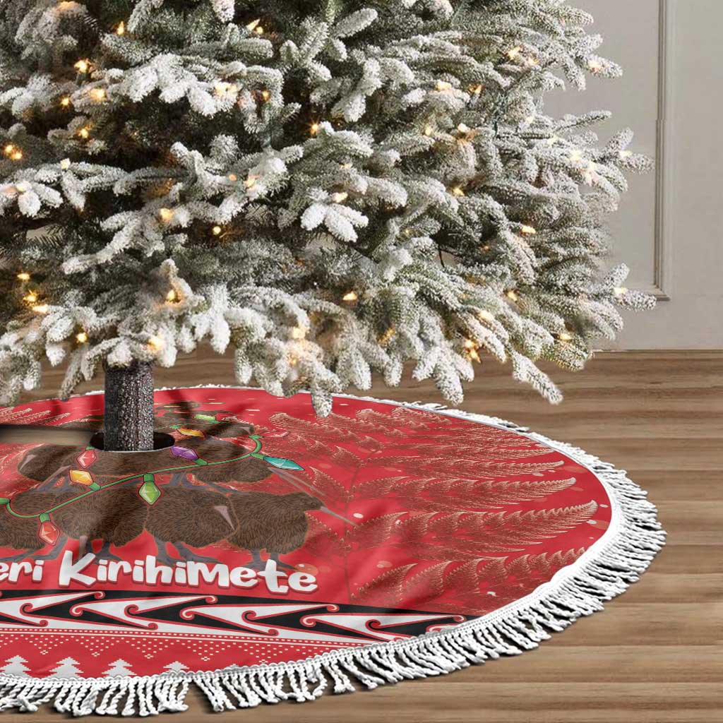 Kiwi New Zealand Christmas Tree Skirt Meri Kirihimete Silver Fern - Red Color LT14 - Polynesian Pride