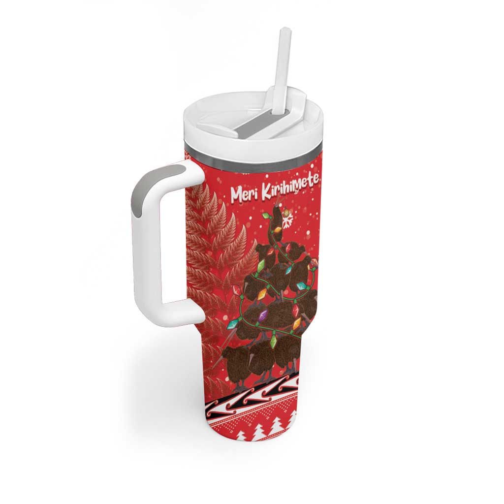 Kiwi New Zealand Christmas Tumbler With Handle Meri Kirihimete Silver Fern - Red Color LT14 - Polynesian Pride