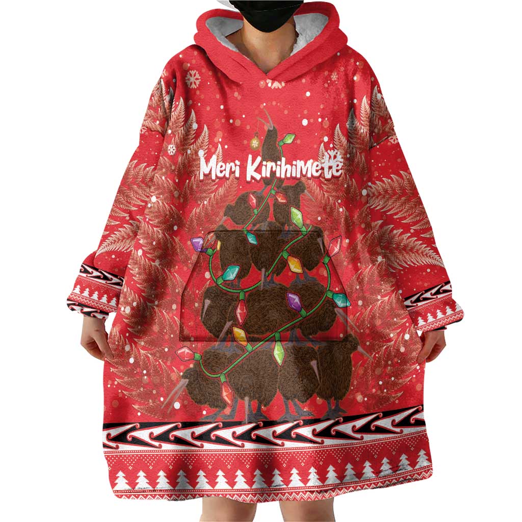 Kiwi New Zealand Christmas Wearable Blanket Hoodie Meri Kirihimete Silver Fern - Red Color LT14 - Polynesian Pride