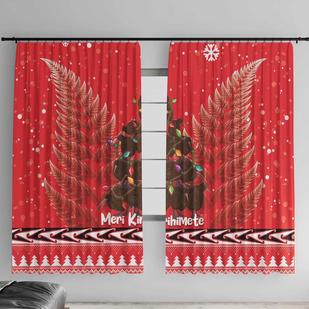 Kiwi New Zealand Christmas Window Curtain Meri Kirihimete Silver Fern - Red Color LT14 With Hooks Red - Polynesian Pride