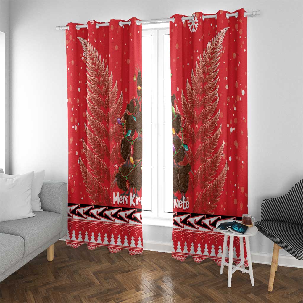 Kiwi New Zealand Christmas Window Curtain Meri Kirihimete Silver Fern - Red Color LT14 With Grommets Red - Polynesian Pride