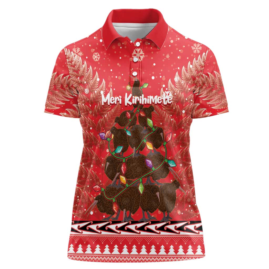 Kiwi New Zealand Christmas Women Polo Shirt Meri Kirihimete Silver Fern - Red Color LT14 Female Red - Polynesian Pride