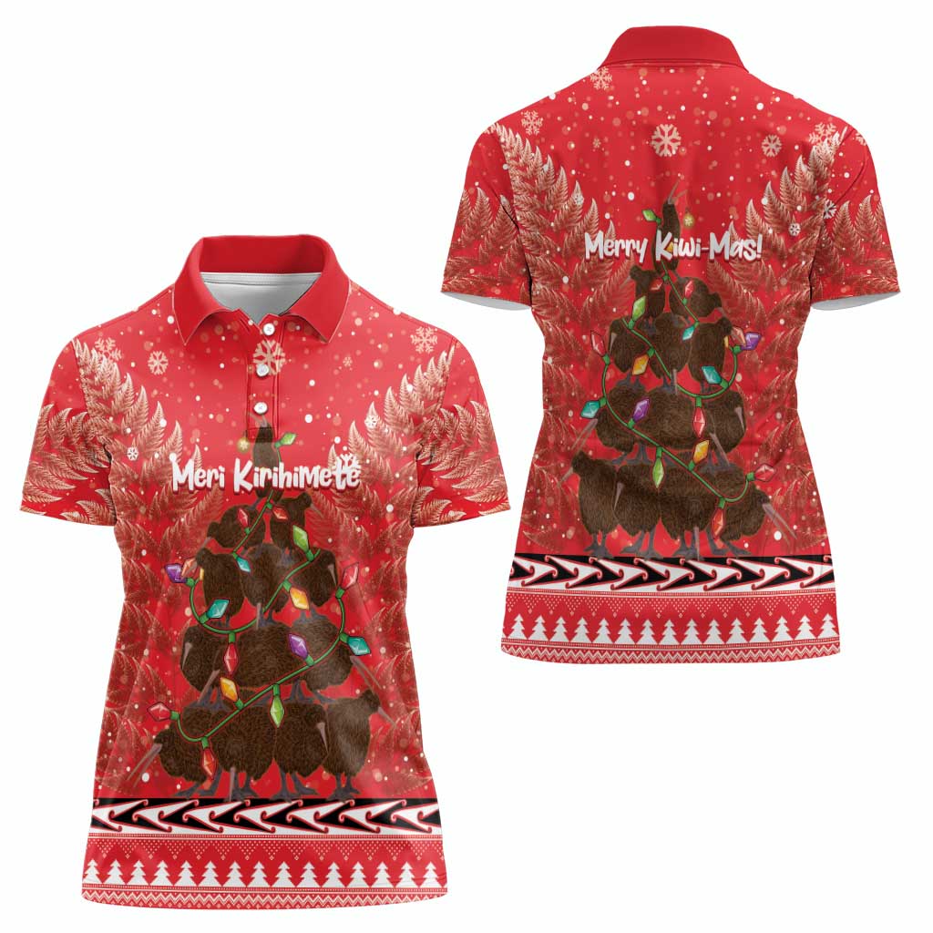 Kiwi New Zealand Christmas Women Polo Shirt Meri Kirihimete Silver Fern - Red Color LT14 - Polynesian Pride