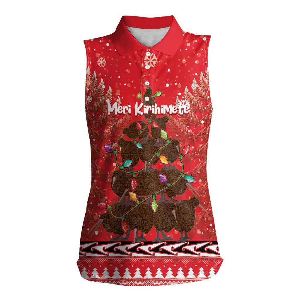 Kiwi New Zealand Christmas Women Sleeveless Polo Shirt Meri Kirihimete Silver Fern - Red Color LT14 Female Red - Polynesian Pride