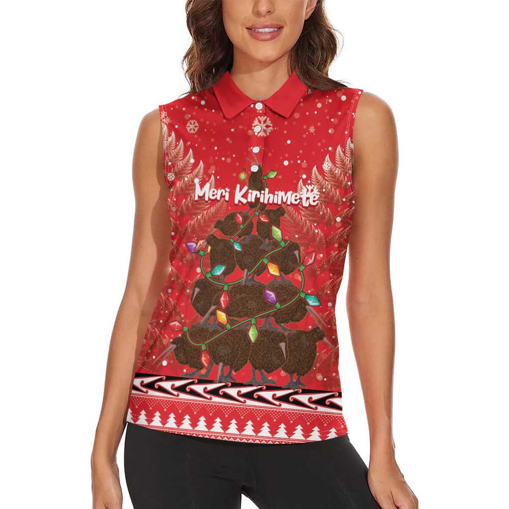 Kiwi New Zealand Christmas Women Sleeveless Polo Shirt Meri Kirihimete Silver Fern - Red Color LT14 - Polynesian Pride