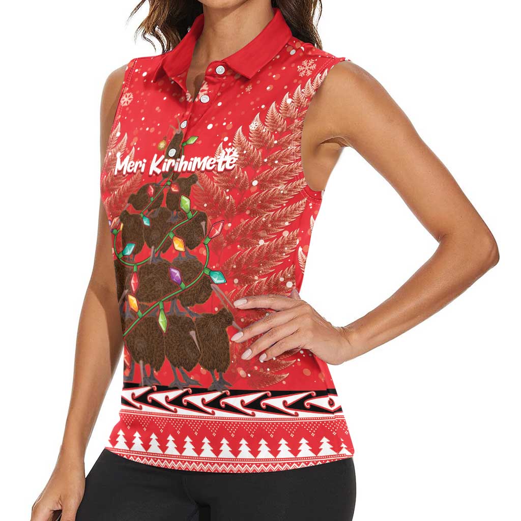 Kiwi New Zealand Christmas Women Sleeveless Polo Shirt Meri Kirihimete Silver Fern - Red Color LT14 - Polynesian Pride