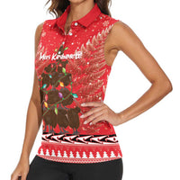 Kiwi New Zealand Christmas Women Sleeveless Polo Shirt Meri Kirihimete Silver Fern - Red Color LT14 - Polynesian Pride
